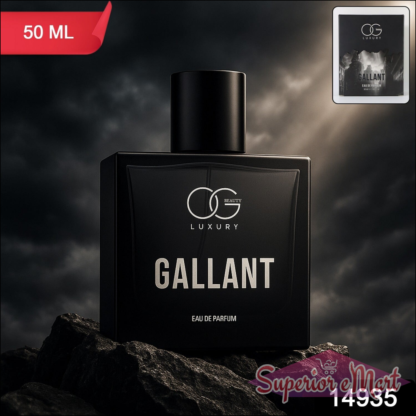 Og Beauty Gallant Eau De Parfum 50 ML in sleek black bottle with elegant design against dramatic background
