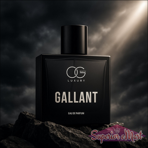 Og Beauty Gallant Eau De Parfum bottle against a dramatic background highlighting luxury fragrance