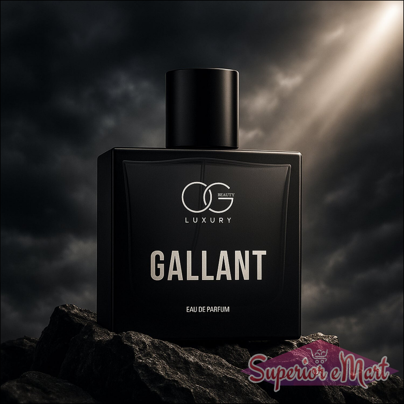 Og Beauty Gallant Eau De Parfum bottle against a dramatic background highlighting luxury fragrance