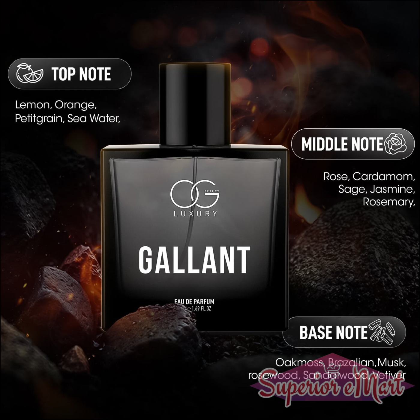 Og Beauty Gallant Eau De Parfum bottle showcasing notes of lemon, rose, and oakmoss for a luxurious scent