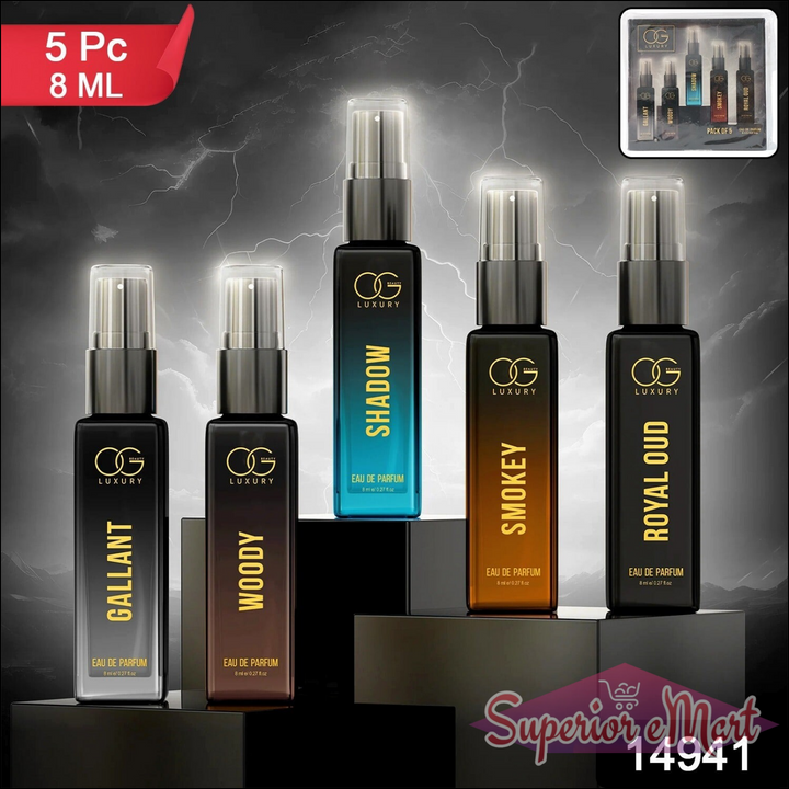 Luxury perfume combo pack featuring five 8ml Eau de Parfum bottles in Gallant, Woody, Shadow, Smoky, and Royal Oud