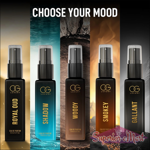 Luxury perfume combo pack featuring Royal Oud, Shadow, Woody, Smokey, and Gallant scents in elegant bottles