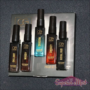 Luxury perfume combo pack featuring five distinct fragrances in sleek travel-size bottles