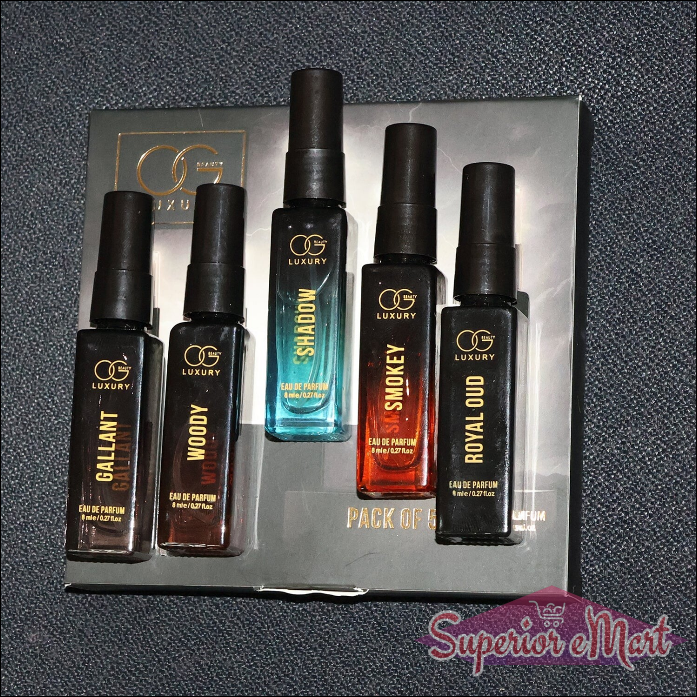 Luxury perfume combo pack featuring five distinct fragrances in sleek travel-size bottles