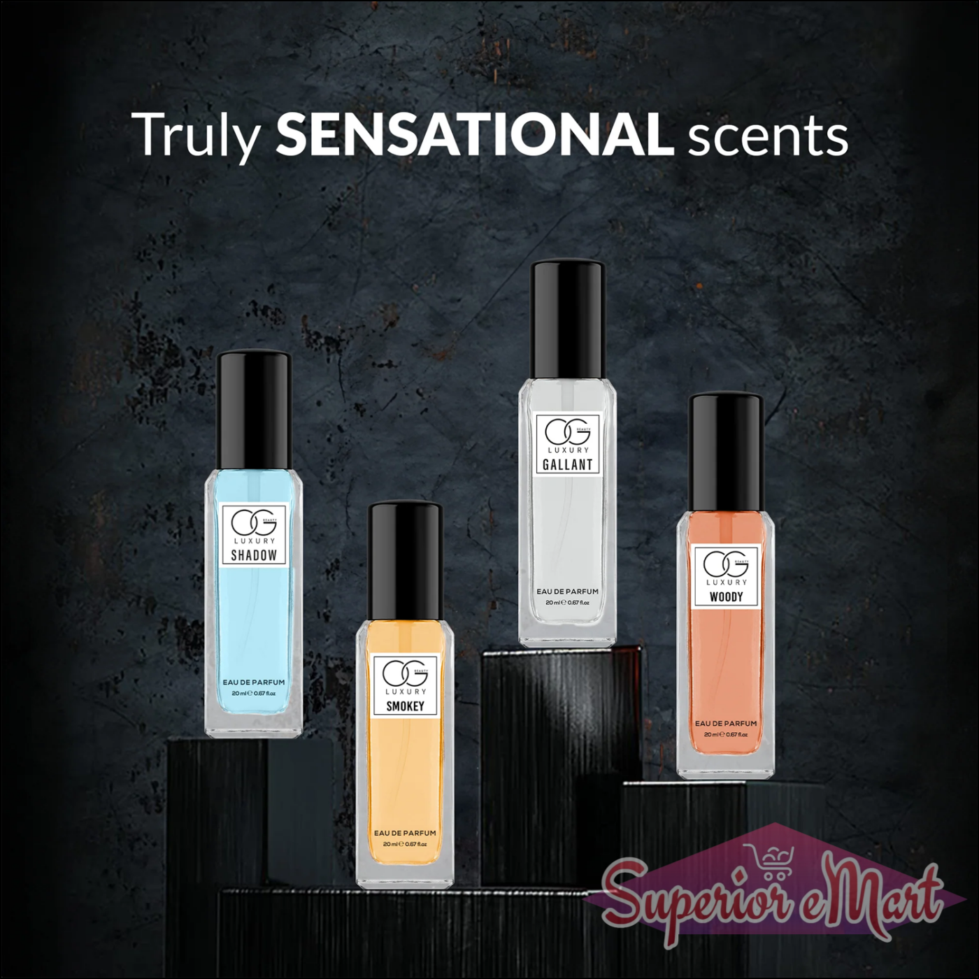 Luxury perfume gift set featuring four unique scents: Shadow, Smoky, Gallant, and Woody