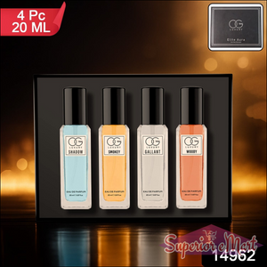 Luxury perfume gift set featuring four 20ml bottles: Shadow, Smokey, Gallant, and Woody