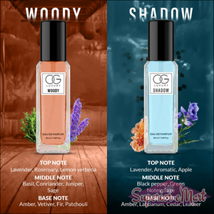 Luxury perfume gift set featuring Woody and Shadow scents in stylish bottles with floral designs