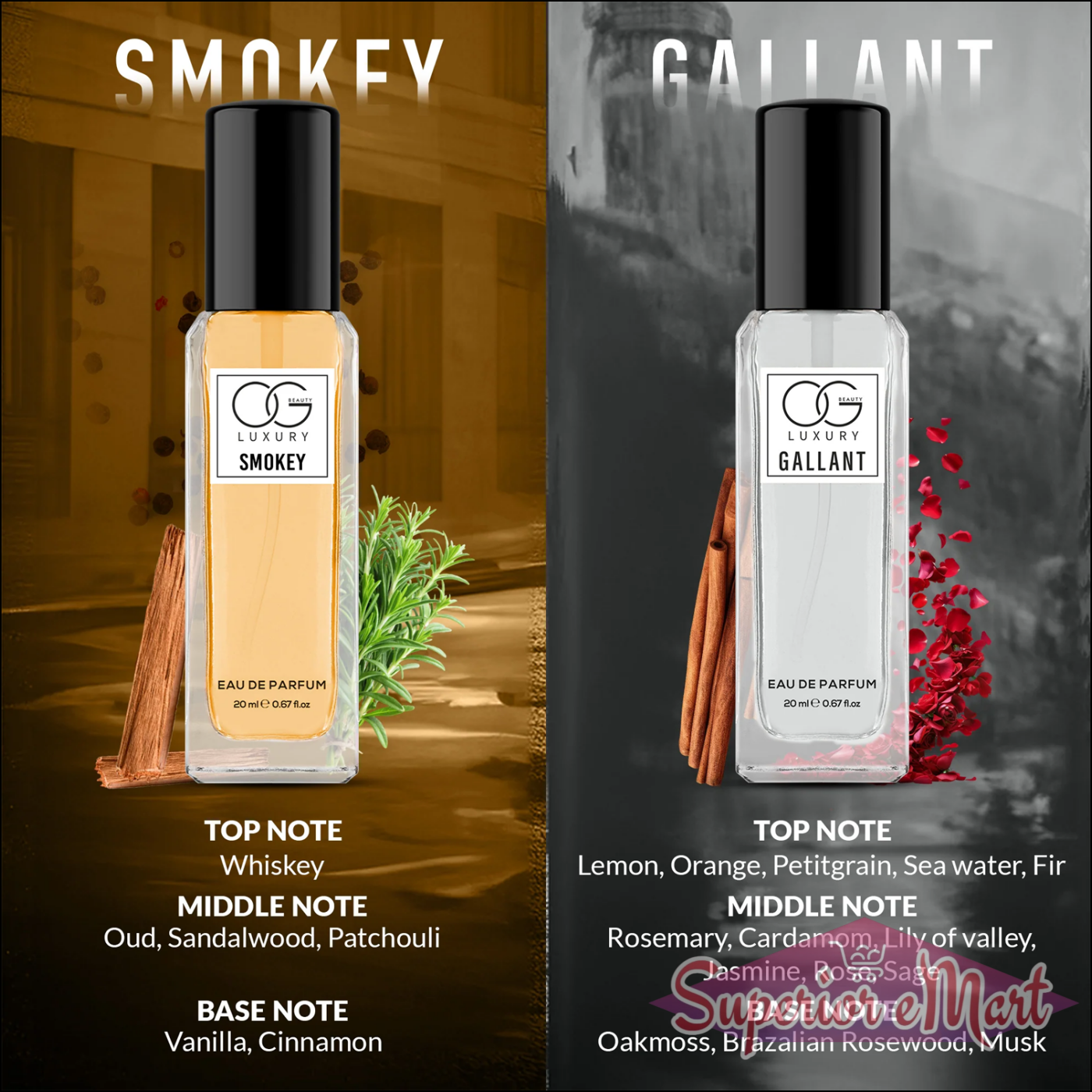 Superior eMart luxury perfume gift set featuring Smokey and Gallant fragrances in elegant bottles