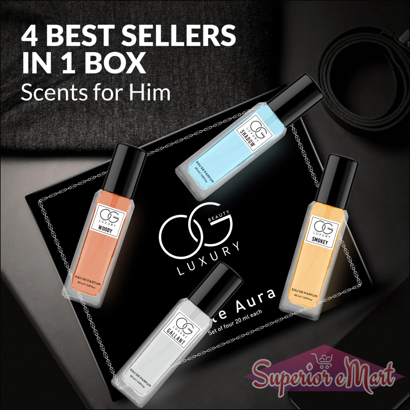 Luxury perfume gift set featuring four best-selling scents for him in elegant packaging