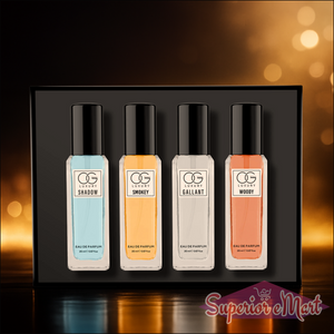 Luxury perfume gift set featuring four distinct scents: Shadow, Smokey, Gallant, and Woody
