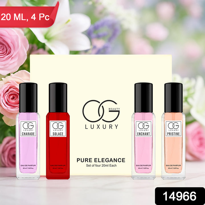 Og Beauty luxury perfume gift set with four 20ml fragrances: Charade, Solace, Enchant, and Pristine