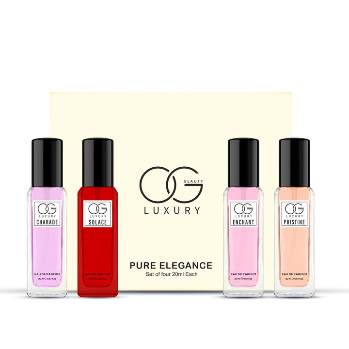 Og Beauty luxury perfume gift set featuring four 20ml fragrances: Charade, Solace, Enchant, and Pristine