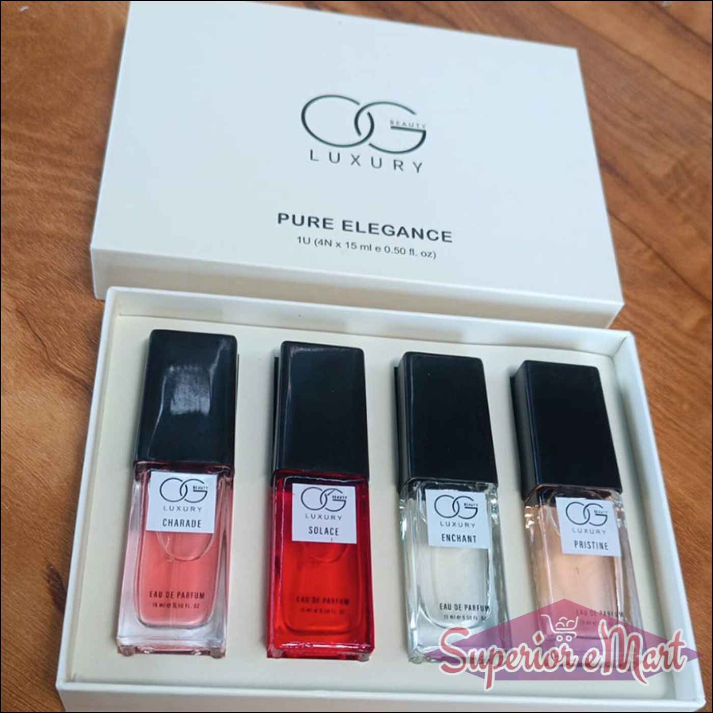 Luxury perfume gift set for women featuring four elegant 15 ml bottles in a stylish white box