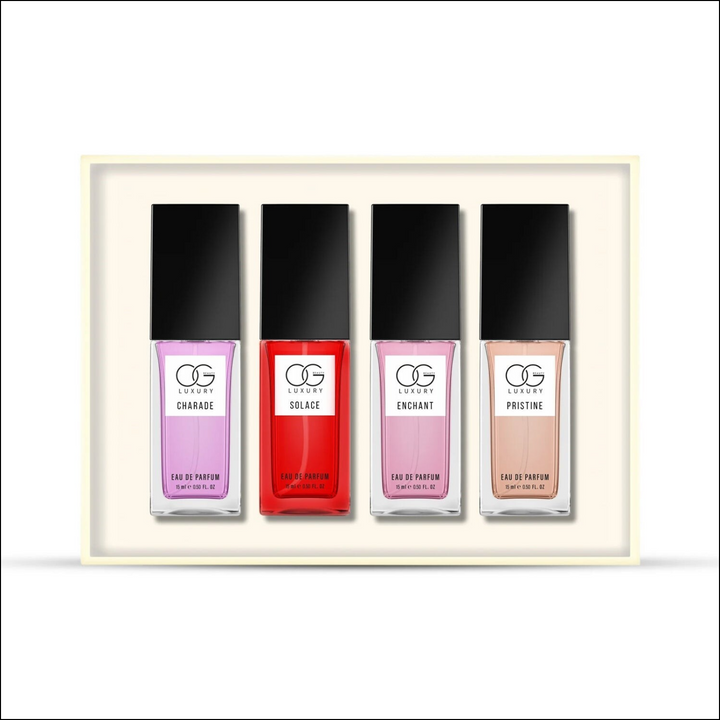Luxury perfume gift set for women featuring four elegant fragrances in stylish bottles