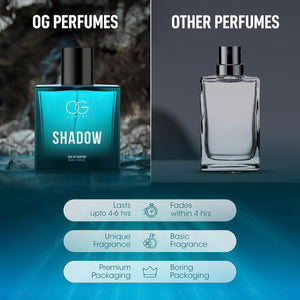 Og Beauty Luxury Shadow perfume in a blue bottle highlighting its unique fragrance and premium packaging