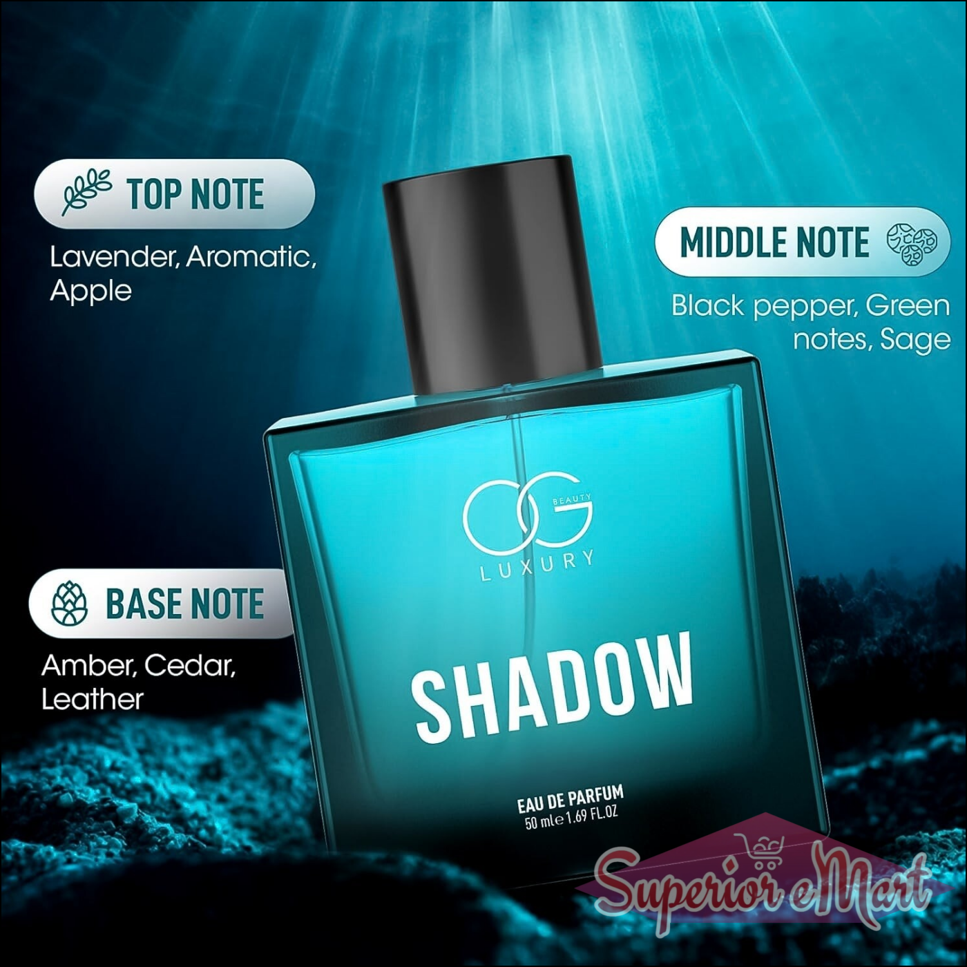 Og Beauty Luxury Shadow perfume with lavender, black pepper, and amber notes in an elegant bottle