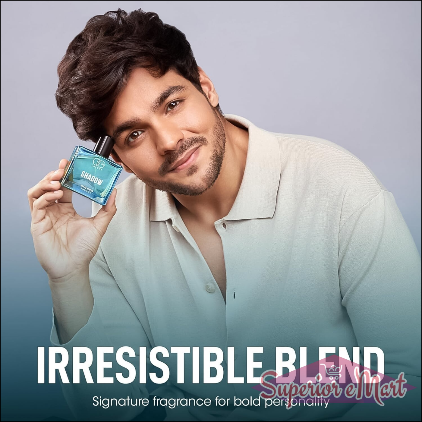 Og Beauty Luxury Shadow perfume in blue bottle held by a man showcasing its bold fragrance appeal
