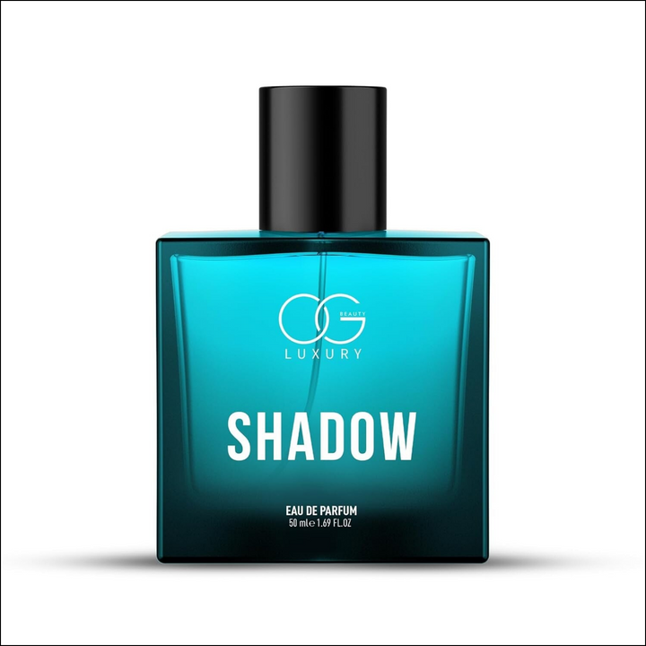 Og Beauty Luxury Shadow perfume bottle in blue with elegant design for a sophisticated fragrance experience
