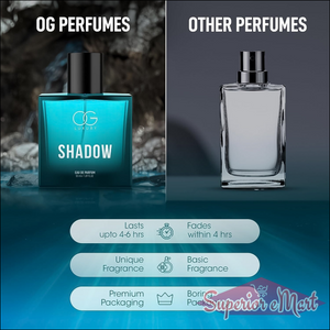 Og Beauty Luxury Shadow perfume in a blue bottle highlighting its unique fragrance and premium packaging