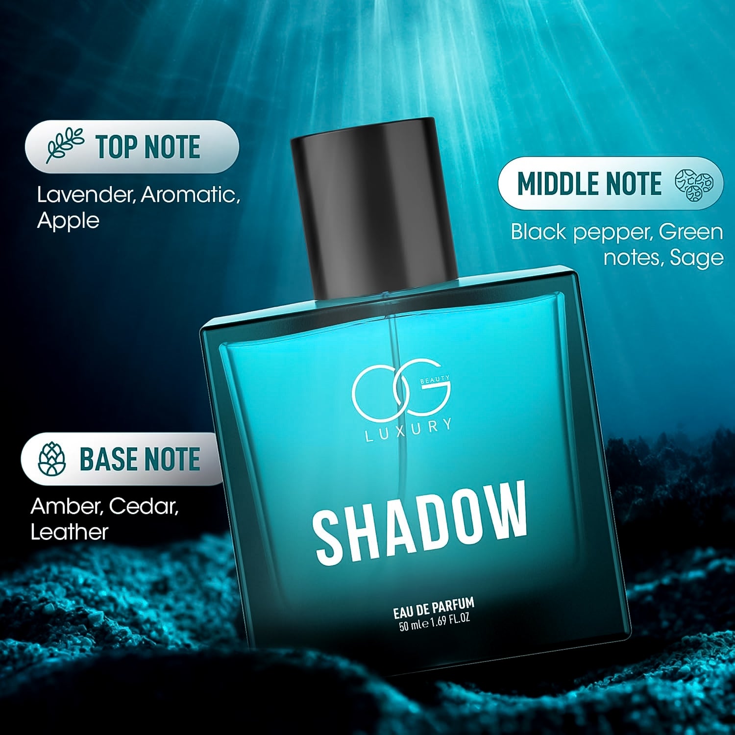 Og Beauty Luxury Shadow perfume with lavender, black pepper, and amber notes in an elegant bottle