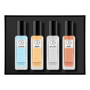 Luxury perfume gift set featuring four distinct scents: Shadow, Smokey, Gallant, and Woody