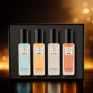 Luxury perfume gift set featuring four distinct scents: Shadow, Smokey, Gallant, and Woody