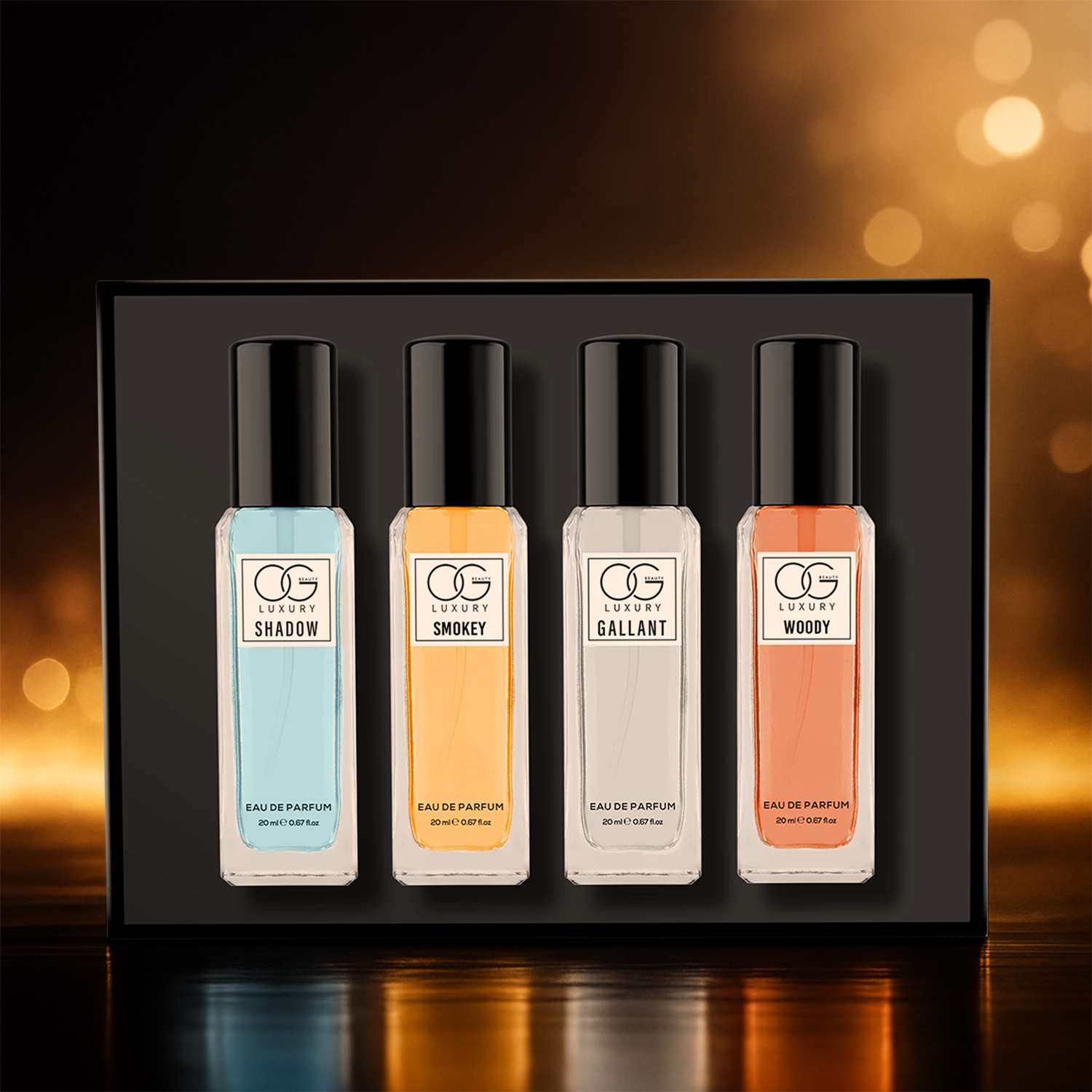 Luxury perfume gift set featuring four distinct scents: Shadow, Smokey, Gallant, and Woody