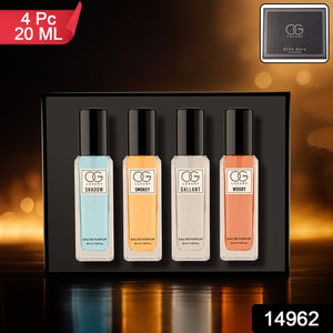 Luxury perfume gift set featuring four 20ml bottles: Shadow, Smokey, Gallant, and Woody