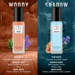 Luxury perfume gift set featuring Woody and Shadow scents in stylish bottles with floral designs
