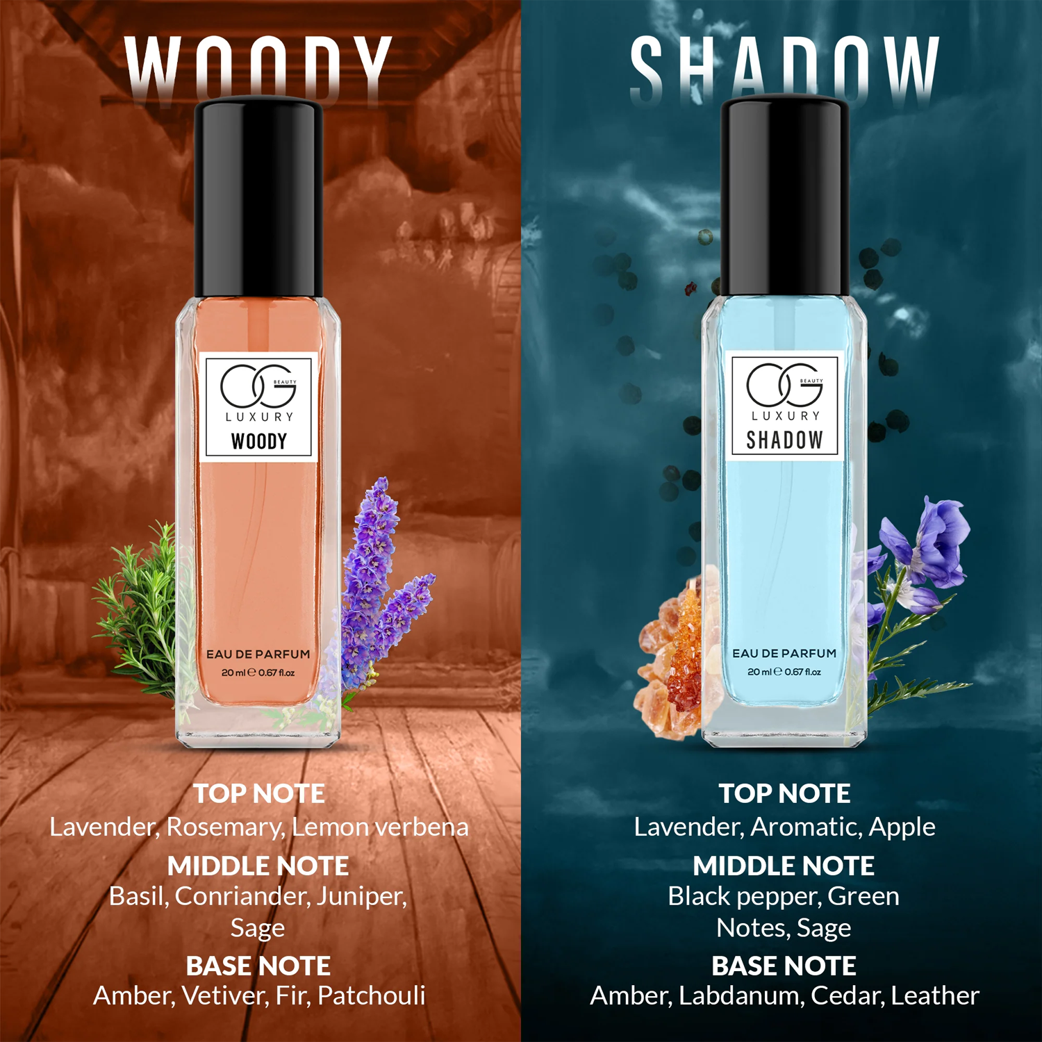 Luxury perfume gift set featuring Woody and Shadow scents in stylish bottles with floral designs