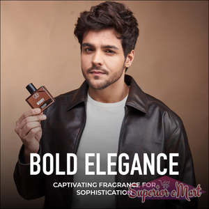 Superior eMart woody perfume for men in stylish bottle held by a man in a brown leather jacket
