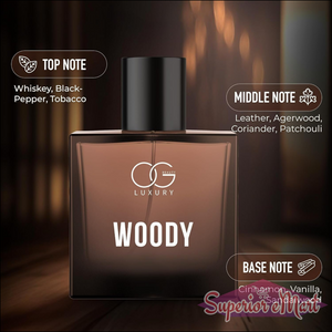 Superior eMart Woody Perfume for Men with notes of whiskey, leather, and sandalwood in elegant bottle
