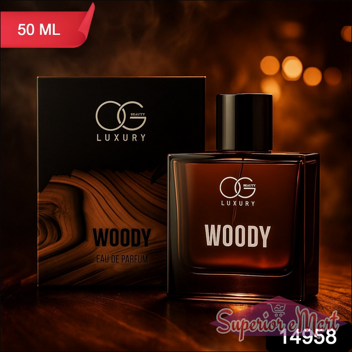 OG Luxury Woody Eau de Parfum 50ml bottle with a dark box, a perfect woody perfume for men