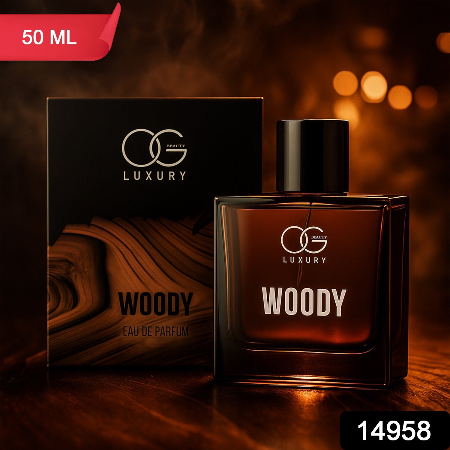 OG Luxury Woody Eau de Parfum 50ml bottle with a dark box, a perfect woody perfume for men