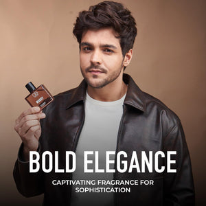 Superior eMart woody perfume for men in stylish bottle held by a man in a brown leather jacket