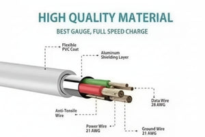 Technical diagram of a high-quality multi-core cable with labeled parts including flexible PVC coat, aluminum shielding layer, anti-tenute wire, power wire 21 AWG, data wire 28 AWG, and ground wire 21 AWG, under the heading 'HIGH QUALITY MATERIAL'.
