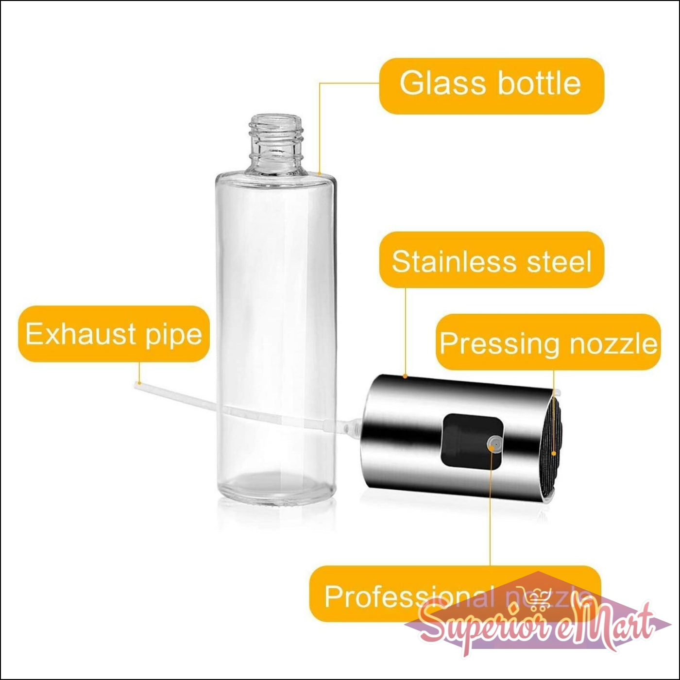 Superior eMart glass oil sprayer for cooking with a stainless steel nozzle and clear glass bottle design