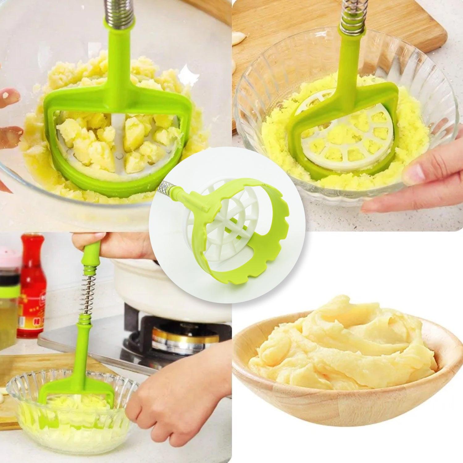 Bright green one-handed potato masher for easy mashing and serving of potatoes with minimal effort