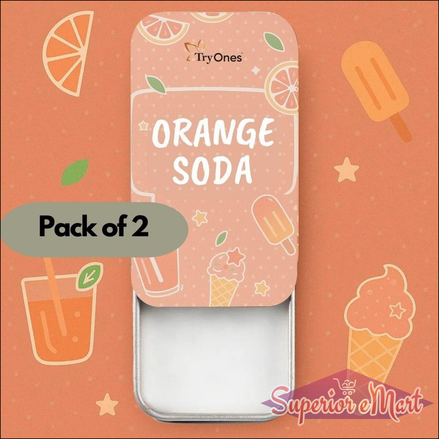 Orange Soda Solid Perfume 20 gm Pack of 2 with playful design featuring ice cream and drinks