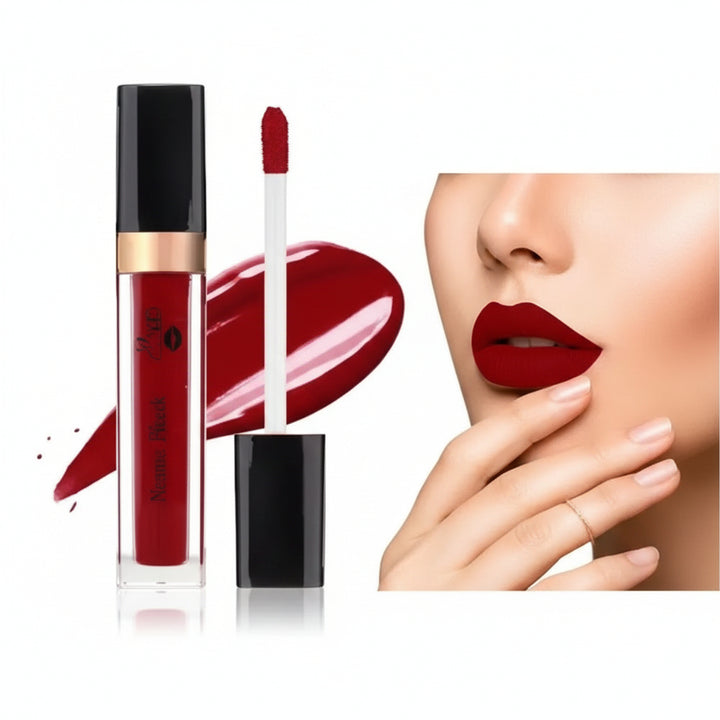Red lipstick with applicator and close-up of lips wearing the color on a white background