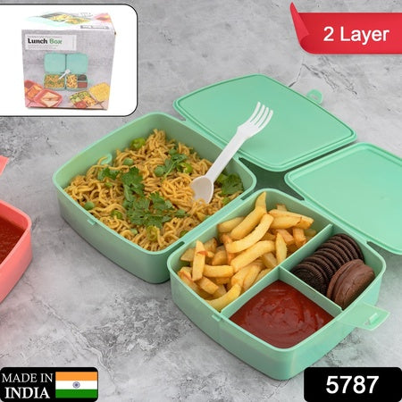 Double-Layer Square Lunch Box with Spoon , 4 Compartment Tiffin & Push Lock , Tiffin Box for Travelling, School Kids & Office Exclusive, Home
