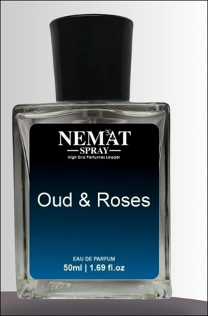 Nemat Oud & Roses Luxury Inspired Perfume in a 50ml bottle with a sleek design