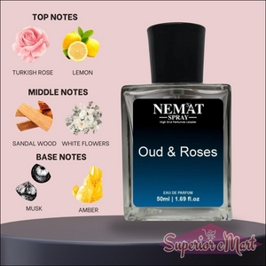 Oud & Roses Luxury Inspired Perfume in a 50ml bottle with floral and woody fragrance notes
