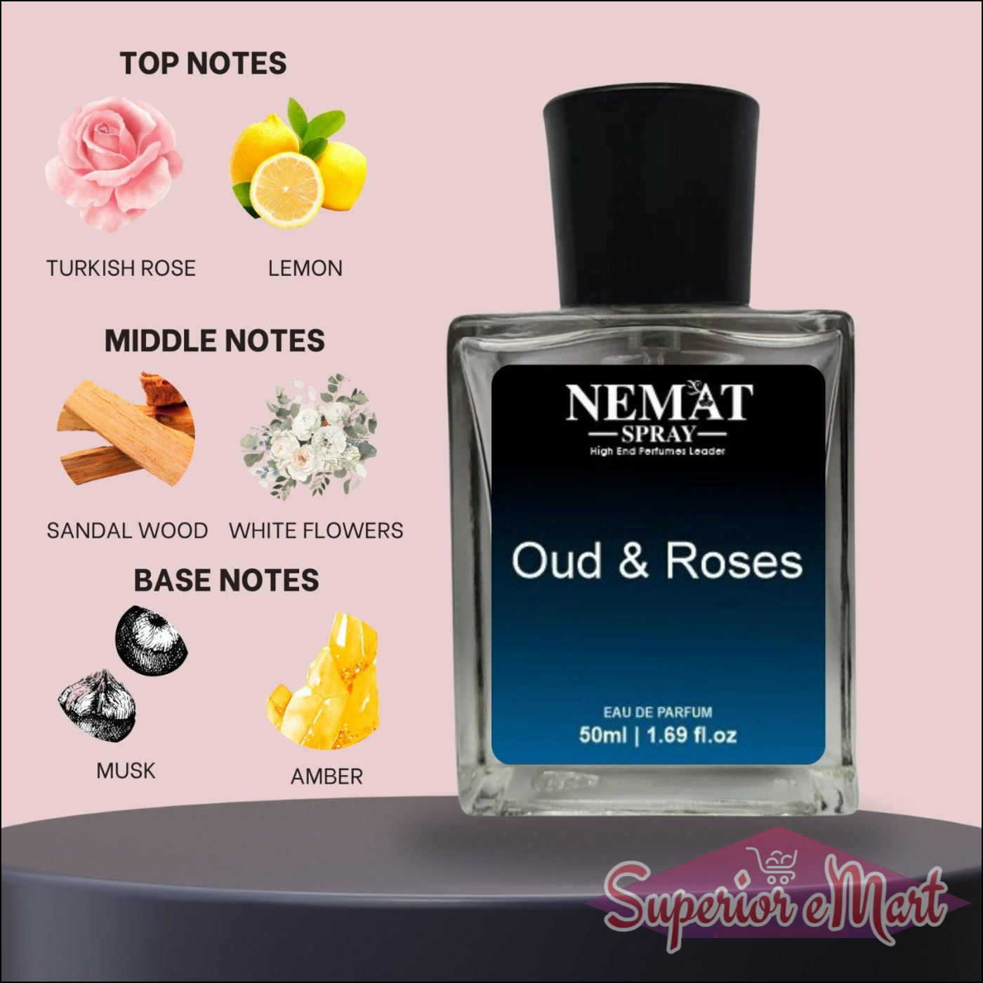 Oud & Roses Luxury Inspired Perfume in a 50ml bottle with floral and woody fragrance notes