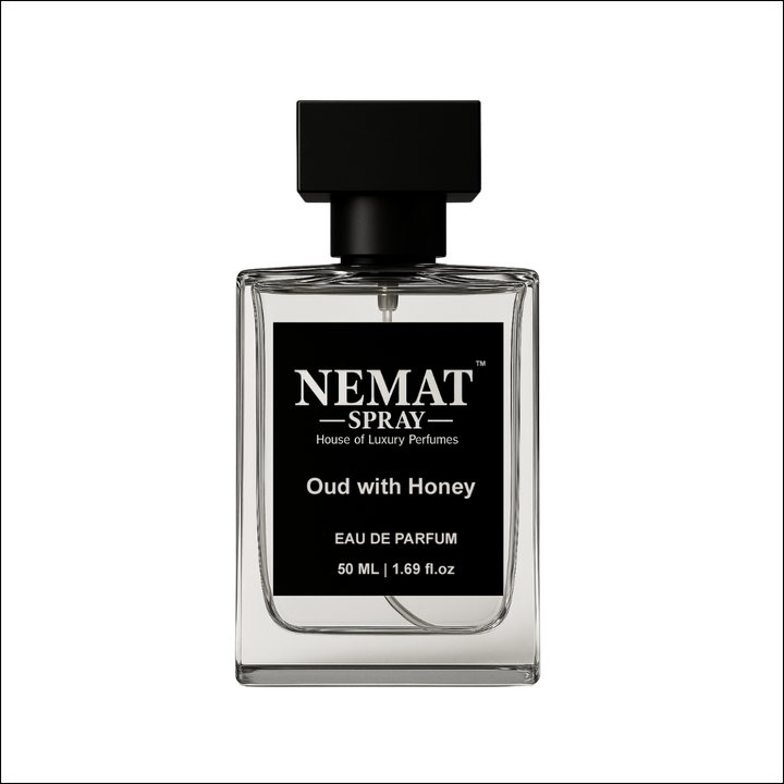Nemat Oud with Honey 50ml Eau de Parfum. Clear rectangular glass bottle, black square cap, black label with white text.