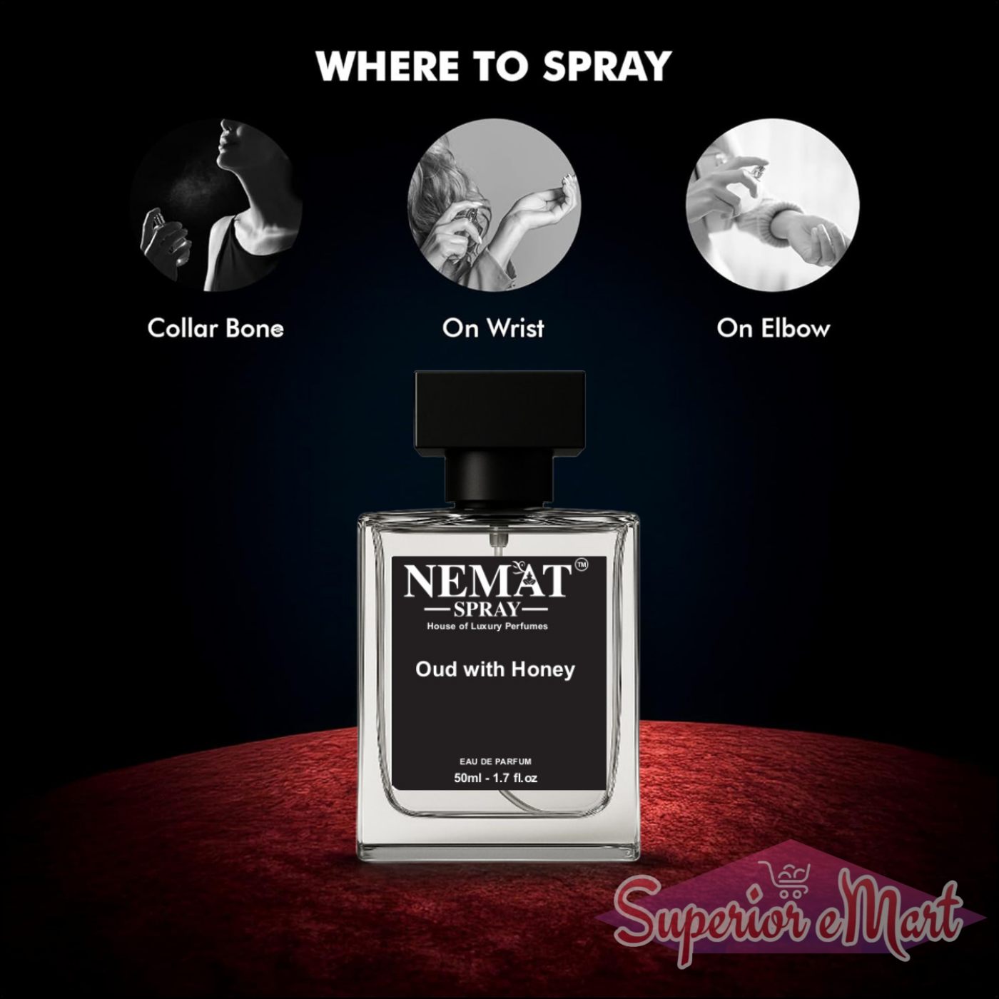 Nemat Oud with Honey perfume bottle on red velvet with spray guide for collar bone, wrist, and elbow.