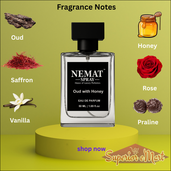 Nemat Oud with Honey Eau De Parfum on yellow stand. Notes: oud, saffron, vanilla, honey, rose, praline.