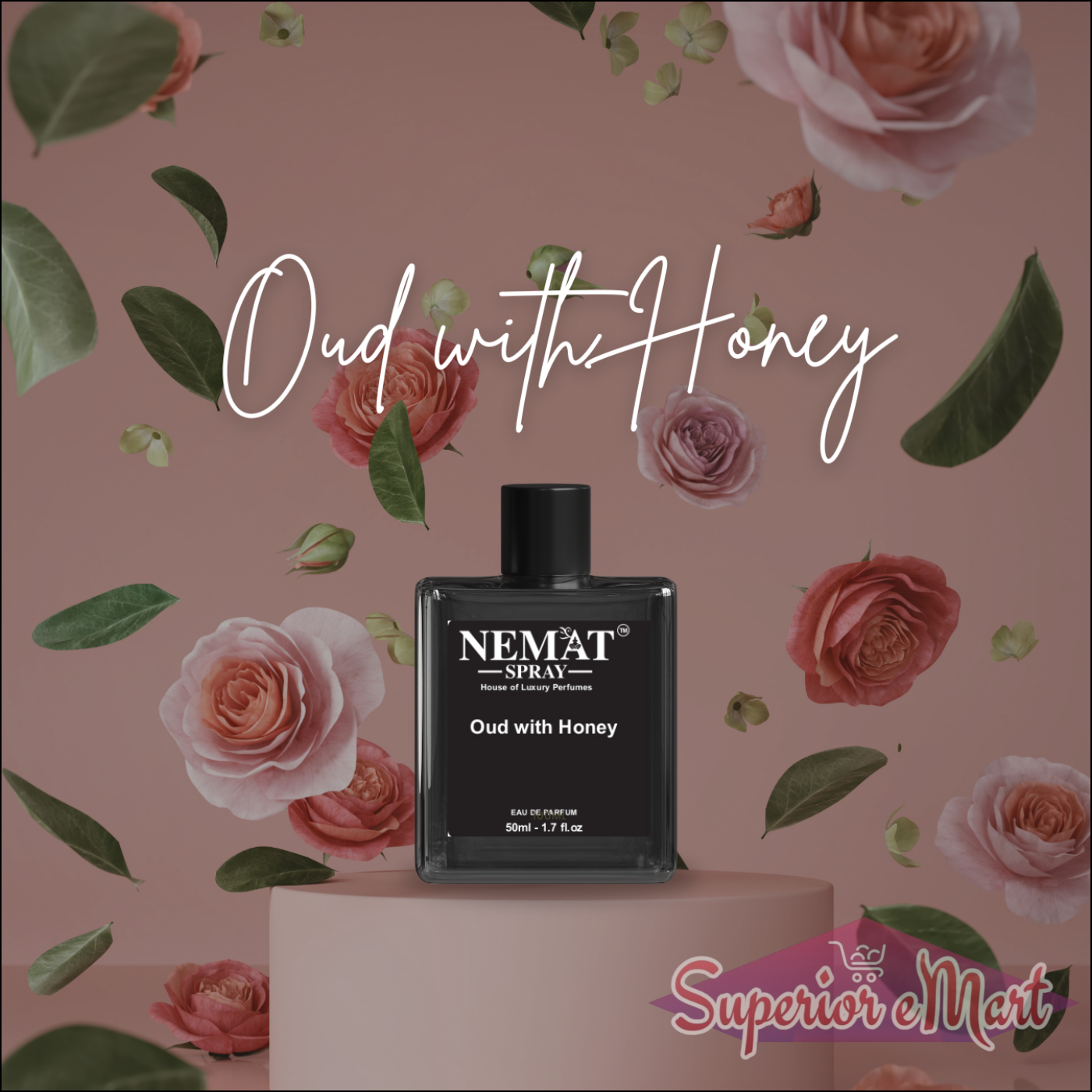 Nemat Oud with Honey perfume in a black bottle on a pink pedestal with floating pink roses and green leaves.