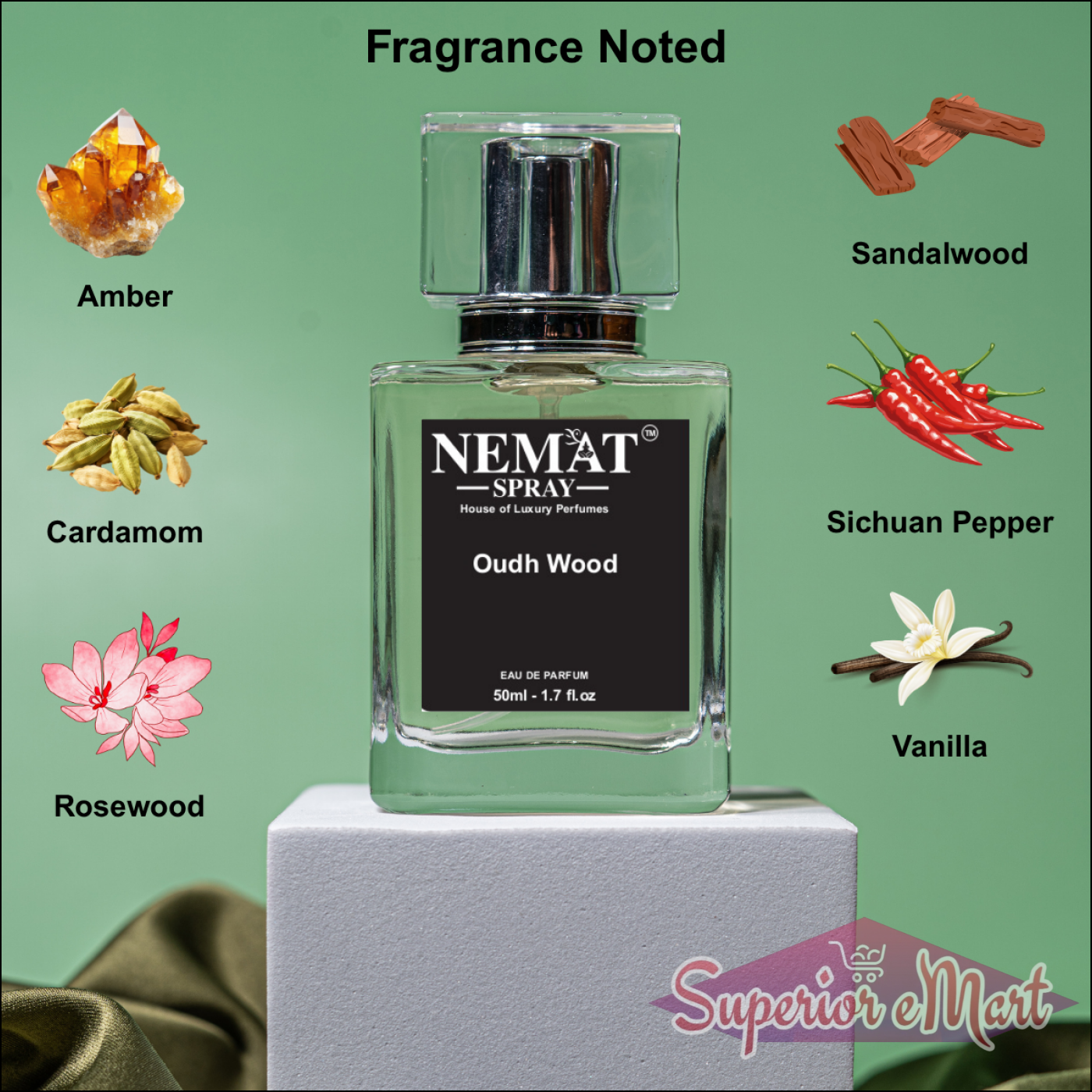 Nemat Oudh Wood 50ml glass perfume. Notes: Amber, Cardamom, Rosewood, Sandalwood, Sichuan Pepper, and Vanilla.