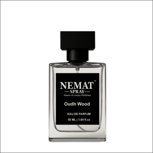 Nemat Oudh Wood 50ml Eau de Parfum in a clear glass rectangular bottle with a black square cap and black label.